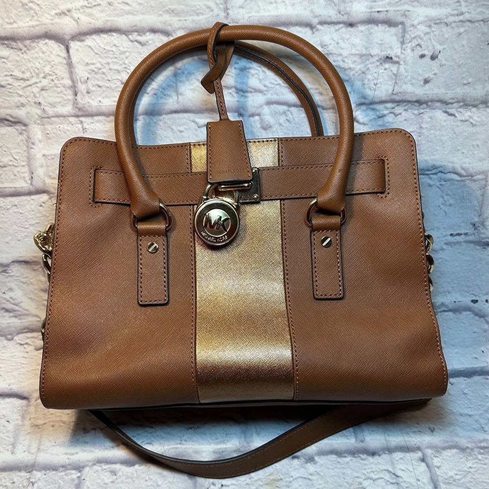 Michael Kors Hamilton Satchel Bag Brown Center Stripe Luggage Saffiano Leather‎